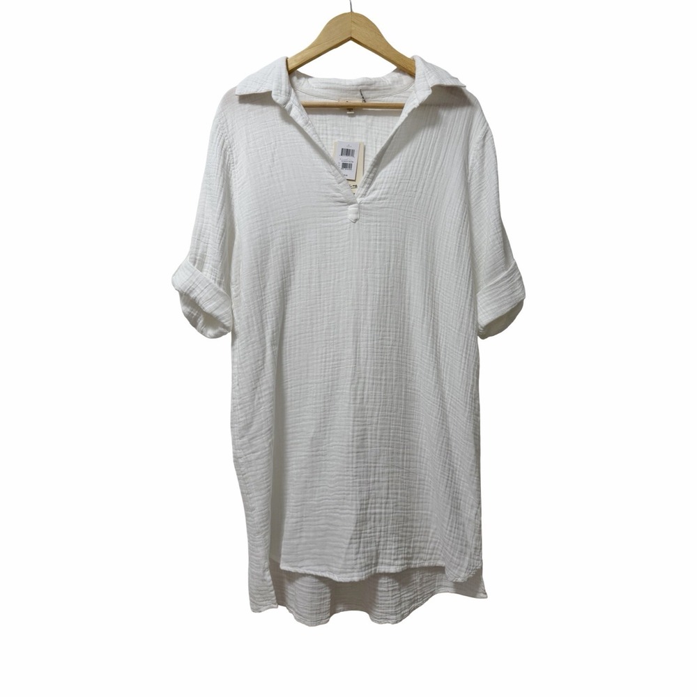 J Valdi Womens Gauze Swim Coverup Mini Dress Size L White Roll Tab Sleeves Beach